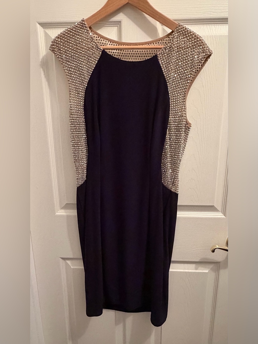 Classic Navy Sheath Dress with Embellished Shoulders